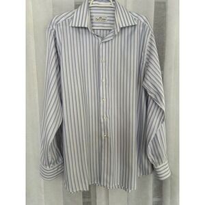 Ingram Cottonstir Mens Blue White Striped Dress Shirt Made in Italy Size 16.5 42